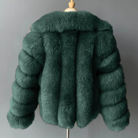 FJF0002 Women’s Luxe Moss-Green Fox Fur Cropped Jacket – Fluffy, Warm & Stylish Open-Front Outerwear Coat