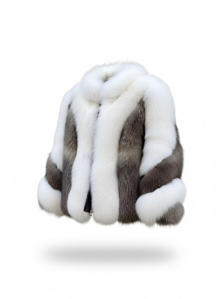 FJF0005 Women's Fox Fur Jacket, Slim fit Short White-Silver Fox Fur Jacket, Warm Cozy Outerwear for Parties & Everyday Fashion