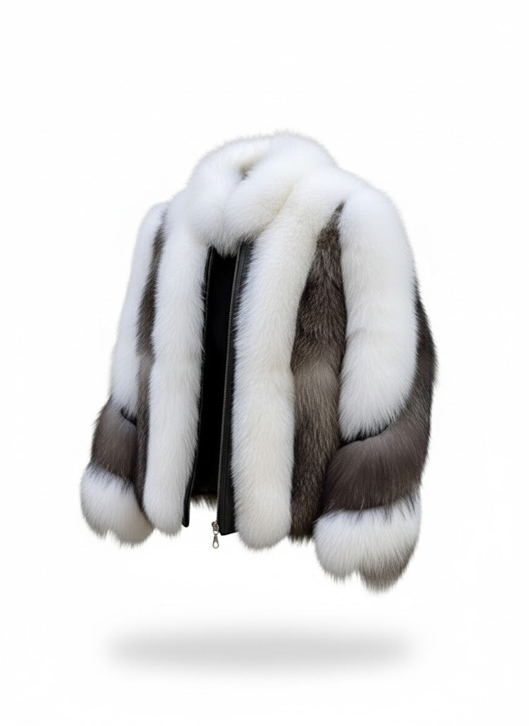 FJF0005 Women's Fox Fur Jacket, Slim fit Short White-Silver Fox Fur Jacket, Warm Cozy Outerwear for Parties & Everyday Fashion