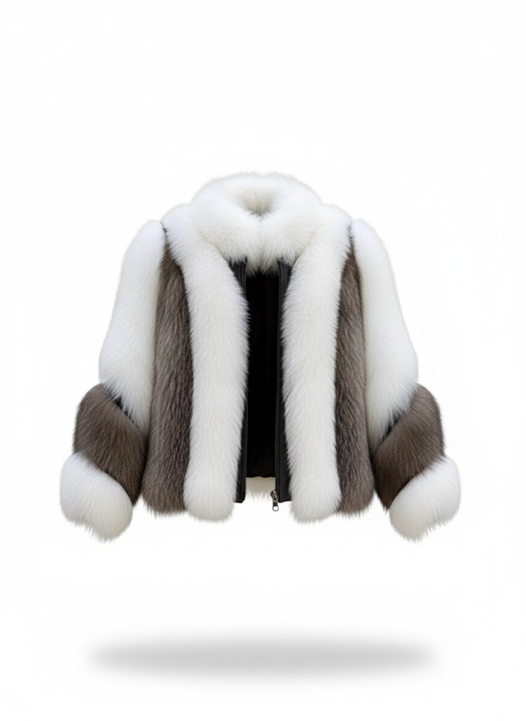 FJF0005 Women's Fox Fur Jacket, Slim fit Short White-Silver Fox Fur Jacket, Warm Cozy Outerwear for Parties & Everyday Fashion