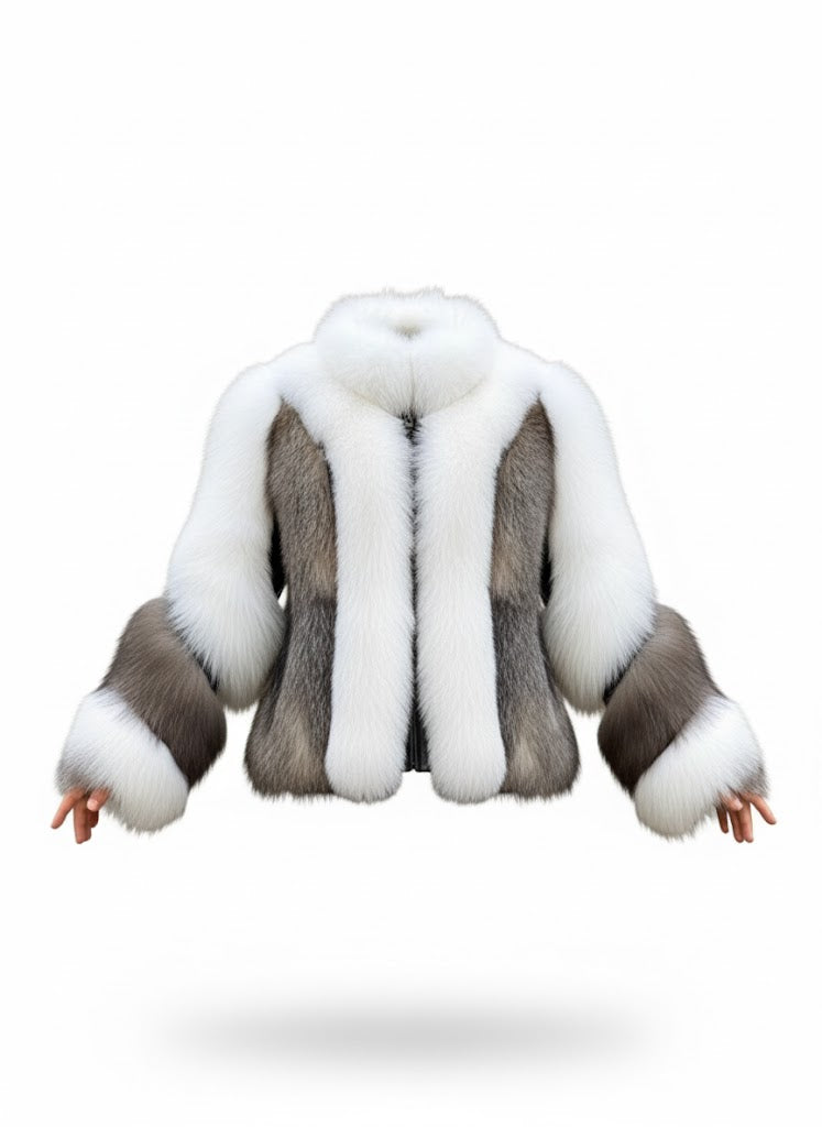FJF0005 Women's Fox Fur Jacket, Slim fit Short White-Silver Fox Fur Jacket, Warm Cozy Outerwear for Parties & Everyday Fashion