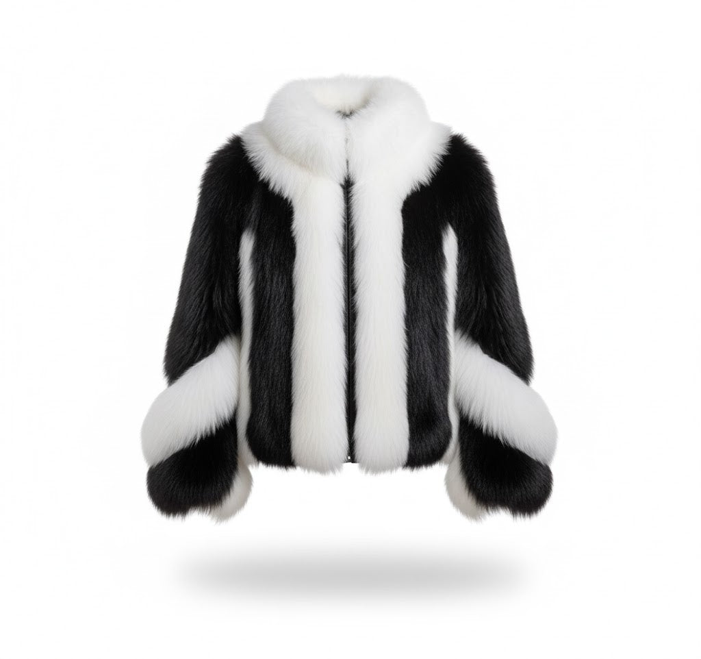 FJF0006 Women’s Luxury Black & White Fox Fur-Style Winter Jacket – Premium Short-Length Fashion Jacket