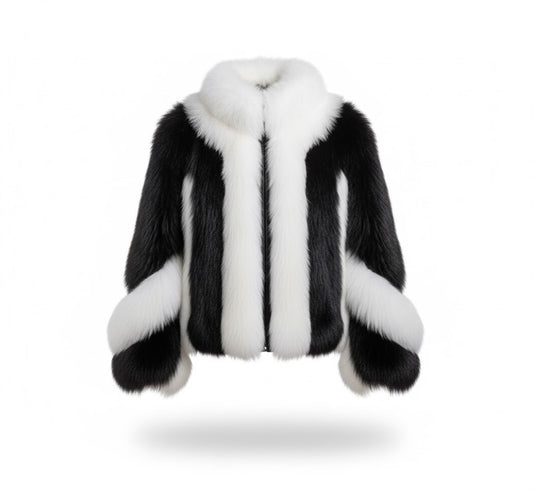 FJF0006 Women’s Luxury Black & White Fox Fur-Style Winter Jacket – Premium Short-Length Fashion Jacket