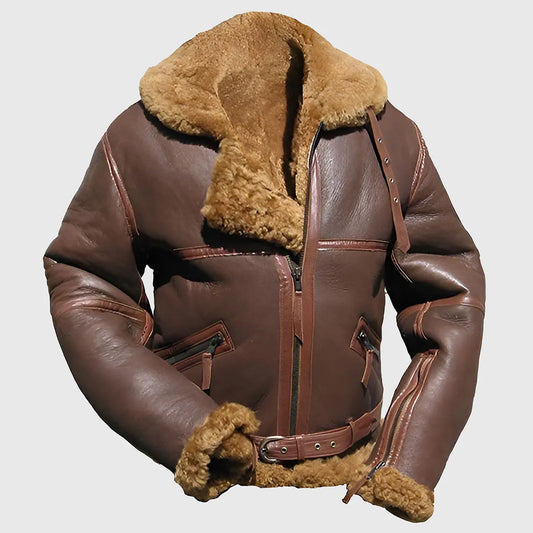 FJM0023 Men’s Classic B-3 Bomber Jacket – Premium Brown Finish, Warm Fur Lining & Timeless Aviator Style