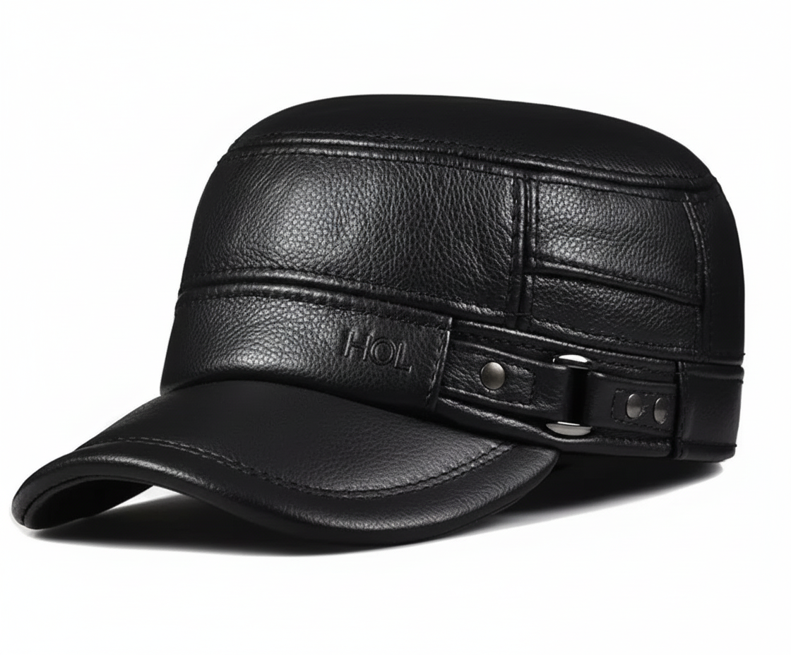 LC0002 Men’s Winter Ear-Flap Hat – Dark Brown & Black Insulated Leather-Look Cold Weather Cap