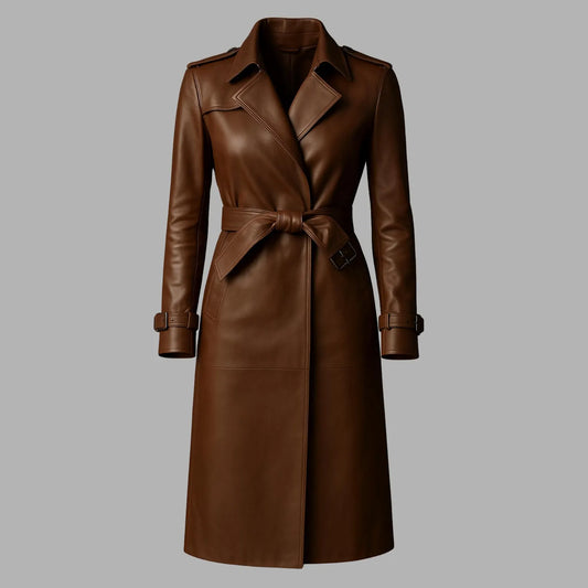 LCF0006 Women's Premium Brown Leather Trench Coat – Handmade Long Overcoat, Classic Vintage Outerwear Style Jacket