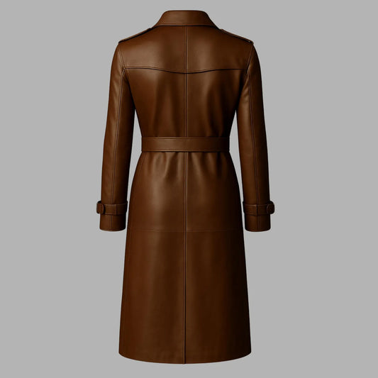 LCF0006 Women's Premium Brown Leather Trench Coat – Handmade Long Overcoat, Classic Vintage Outerwear Style Jacket