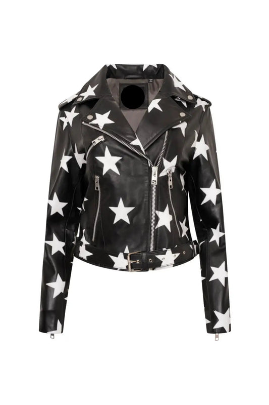 LJF0021 Women’s Plus Size Star Print Leather Biker Jacket | Premium Real Leather Motorcycle Jacket