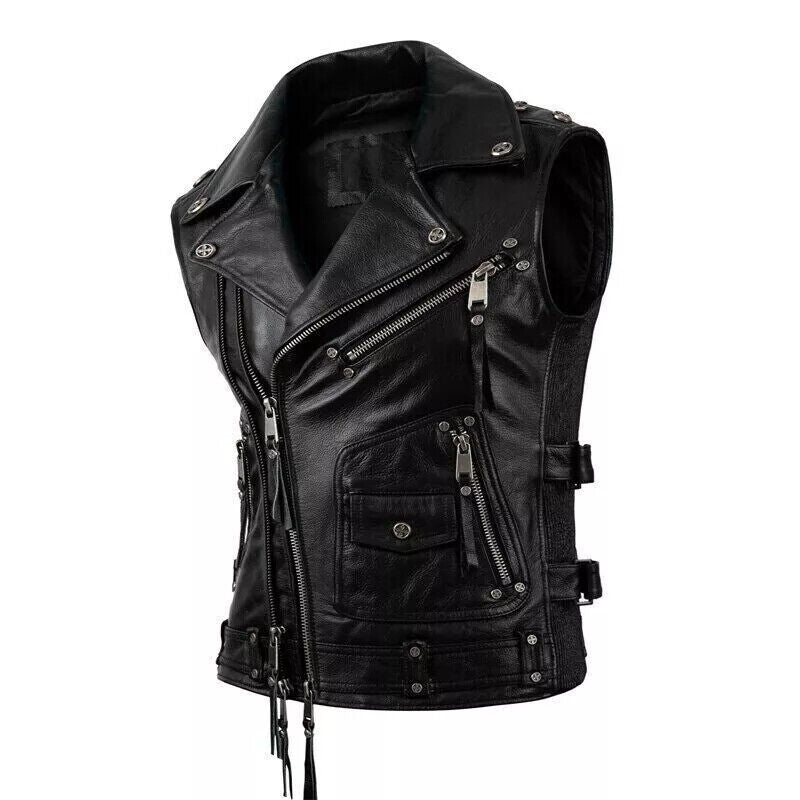 LJM002 Men’s Sleeveless Biker Leather Vest – Premium Black Motorcycle Style Jacket