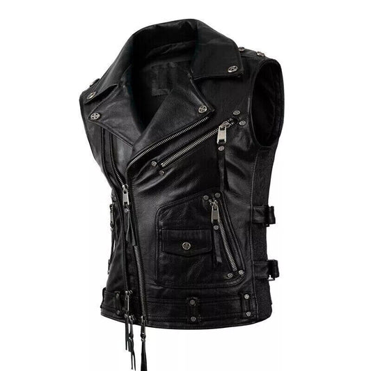 LJM002 Men’s Sleeveless Biker Leather Vest – Premium Black Motorcycle Style Jacket