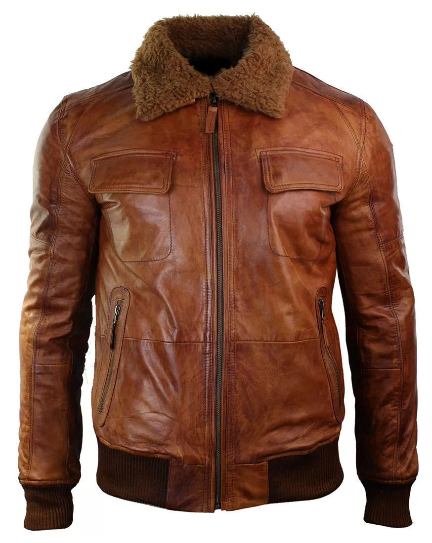 LJM006 Men’s Brown Shearling Collar Leather Bomber Jacket – Genuine Vintage Real Leather Coat