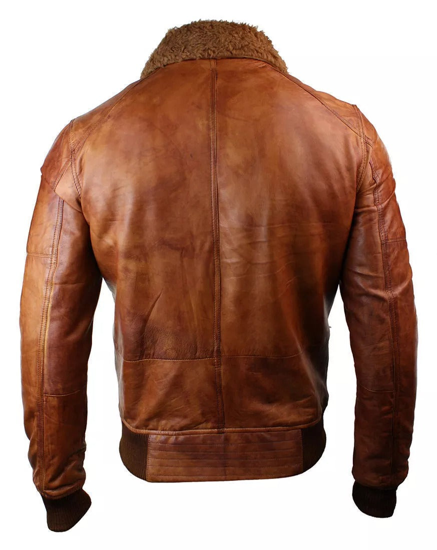 LJM006 Men’s Brown Shearling Collar Leather Bomber Jacket – Genuine Vintage Real Leather Coat