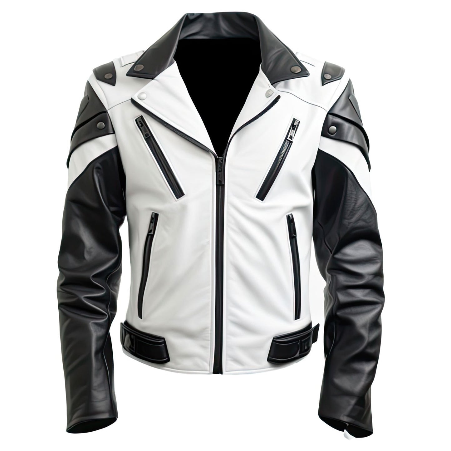 LJM005 Men’s White & Black Genuine Sheepskin Moto Biker Leather Jacket – Slim Fit Quilted Casual Coat