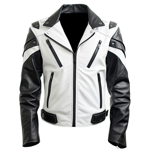 LJM005 Men’s White & Black Genuine Sheepskin Moto Biker Leather Jacket – Slim Fit Quilted Casual Coat