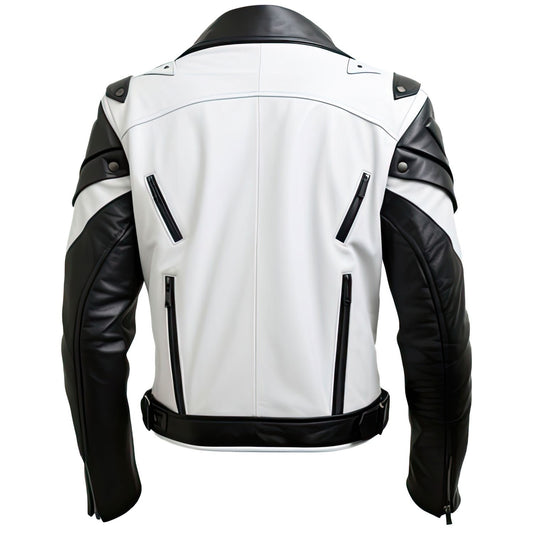 LJM005 Men’s White & Black Genuine Sheepskin Moto Biker Leather Jacket – Slim Fit Quilted Casual Coat