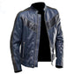 LJM0064 Men’s Navy-Blue Café Racer Leather Jacket – Genuine Leather, Classic Biker Style & Zip-Cuff Finish