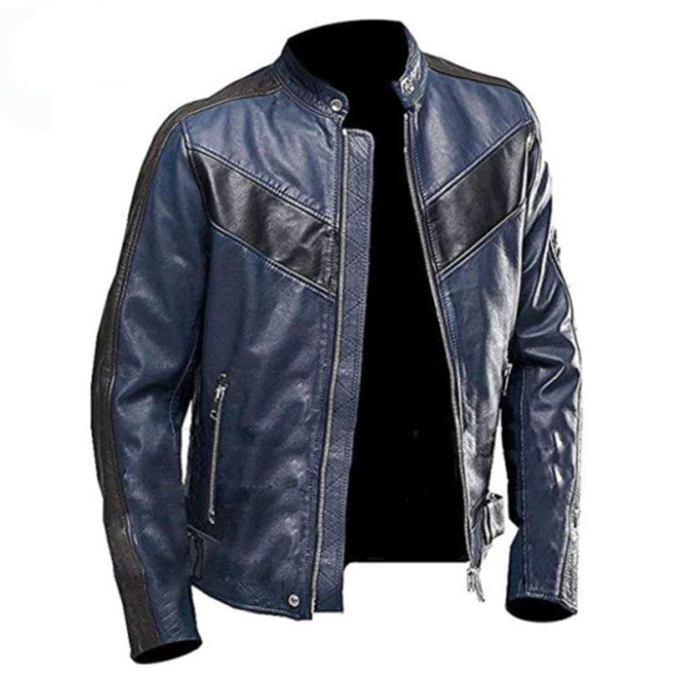 LJM0064 Men’s Navy-Blue Café Racer Leather Jacket – Genuine Leather, Classic Biker Style & Zip-Cuff Finish