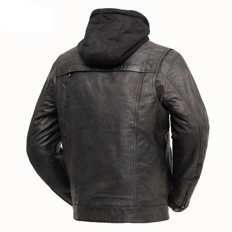LJM0066 Men’s Black Hooded Motorcycle Jacket – Genuine Leather Biker Jacket, Classic Hooded Rider Style & Urban Streetwear