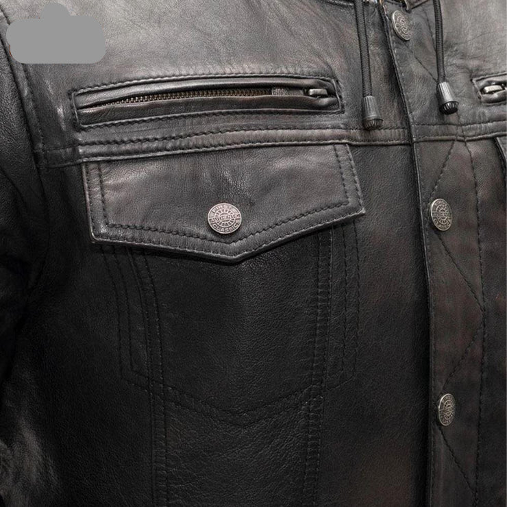 LJM0066 Men’s Black Hooded Motorcycle Jacket – Genuine Leather Biker Jacket, Classic Hooded Rider Style & Urban Streetwear