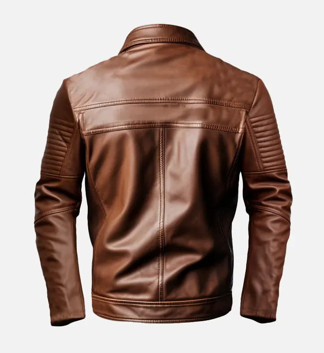 LJM0067 Men’s Classic Brown Biker Leather Jacket – Premium Vintage Motorcycle Style with Zippered Pockets & Durable Leather