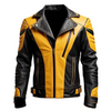 LJM0068 Men’s Premium Black & Yellow Sheepskin Biker Jacket | Bold Moto Design | Multi-Pocket | Asymmetrical Zipper
