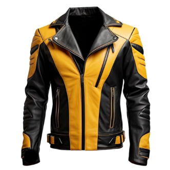LJM0068 Men’s Premium Black & Yellow Sheepskin Biker Jacket | Bold Moto Design | Multi-Pocket | Asymmetrical Zipper