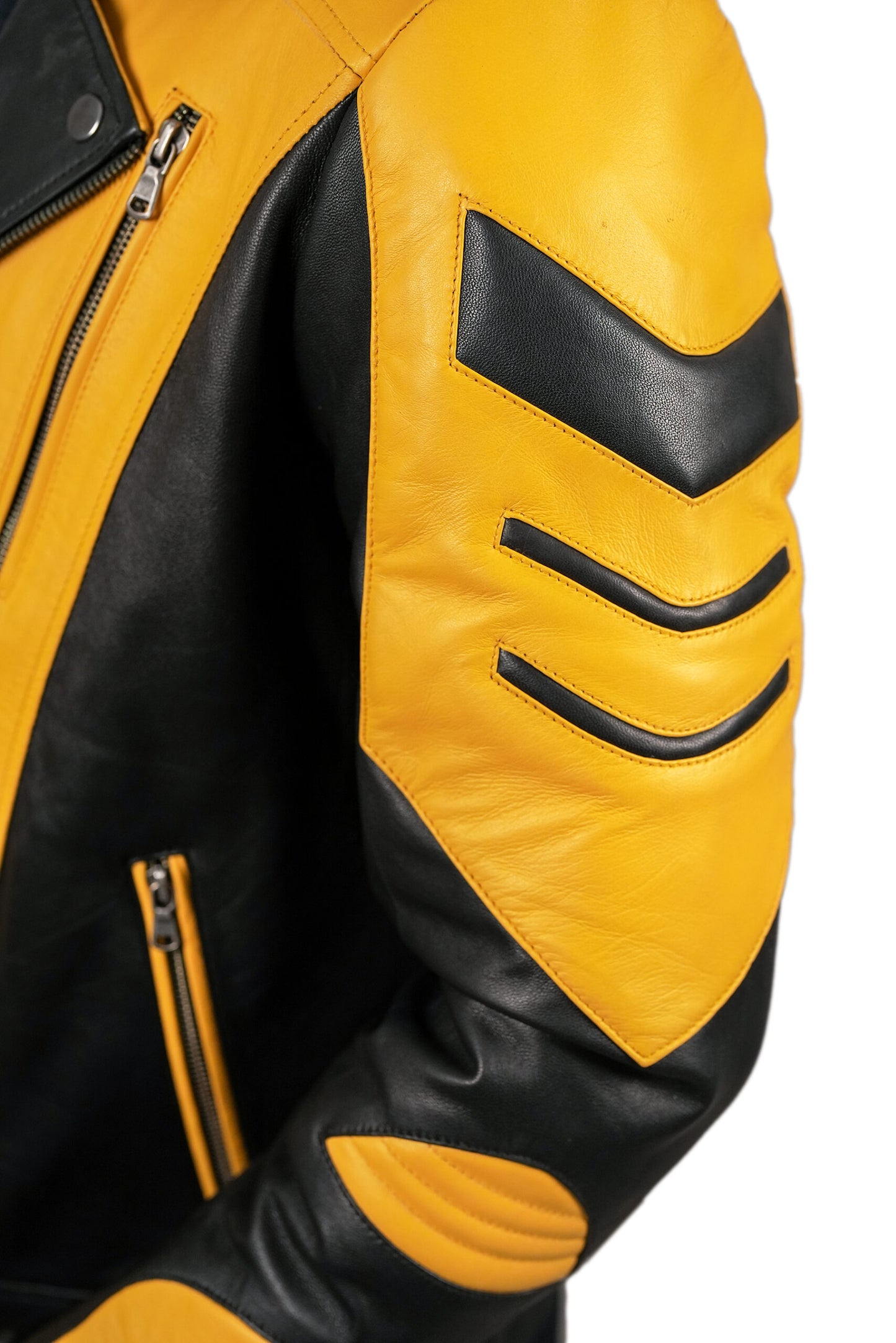 LJM0068 Men’s Premium Black & Yellow Sheepskin Biker Jacket | Bold Moto Design | Multi-Pocket | Asymmetrical Zipper