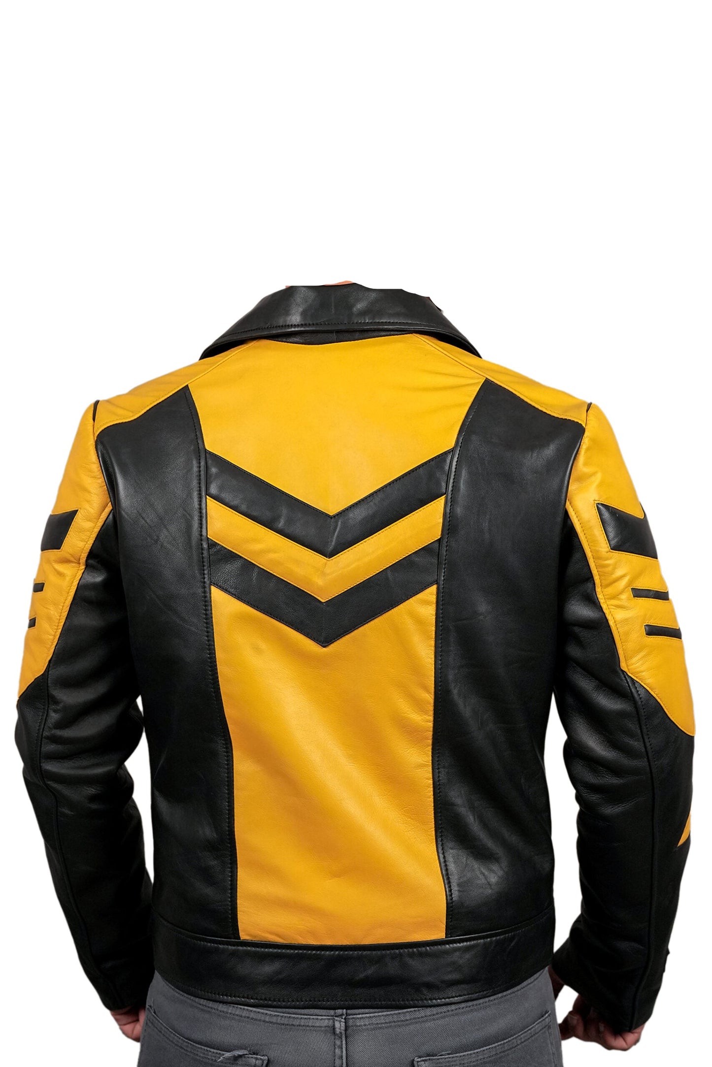 LJM0068 Men’s Premium Black & Yellow Sheepskin Biker Jacket | Bold Moto Design | Multi-Pocket | Asymmetrical Zipper