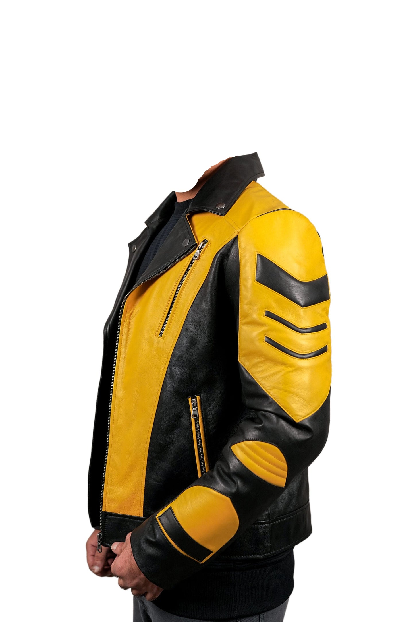LJM0068 Men’s Premium Black & Yellow Sheepskin Biker Jacket | Bold Moto Design | Multi-Pocket | Asymmetrical Zipper