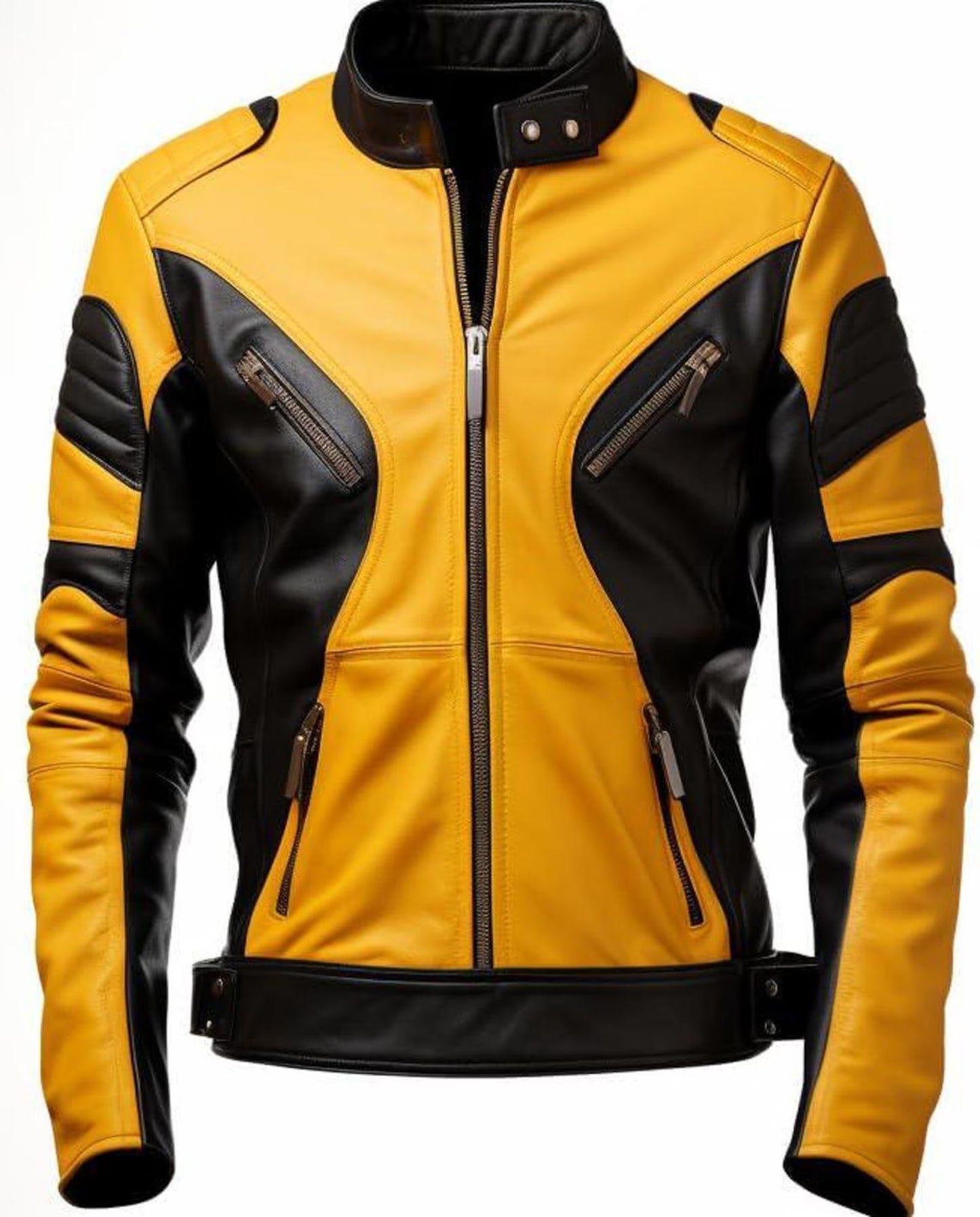 LJM0069 Handmade Yellow & Black Sheepskin Motorcycle Jacket for Men | Ribbed Motorcycle Bomber | Street-Style Biker Jacket