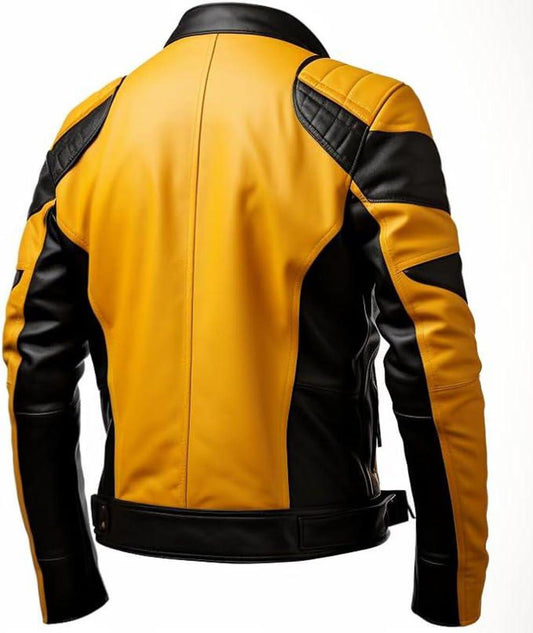LJM0069 Handmade Yellow & Black Sheepskin Motorcycle Jacket for Men | Ribbed Motorcycle Bomber | Street-Style Biker Jacket