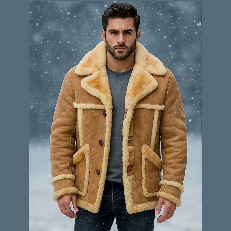 MFC009  Men's REAL 100% Sheepskin Leather Genuine Shearling Fur Marlboro Trench Biker Coat Jacket