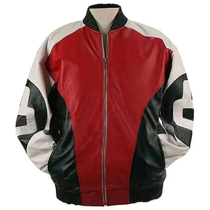 LJM0071 8 Ball Logo Bomber Leather Jacket for Men | Red-Black-White Streetwear Bomber | Genuine Leather & Viscose Lining (S–6XL)