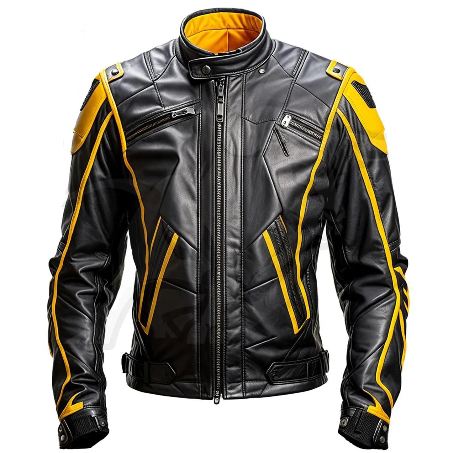 LJM0072 Premium Yellow-Black Contrast Leather Jacket  For Men's Urban Streetwear, Bold Biker-Style Fashion Outerwear