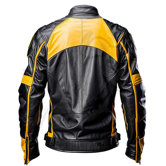 LJM0072 Premium Yellow-Black Contrast Leather Jacket  For Men's Urban Streetwear, Bold Biker-Style Fashion Outerwear