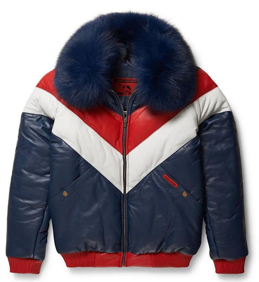 LJM0073 Men’s Premium V-Bomber Leather Jacket – Luxury Fur-Collar Winter Bomber with Rib Knit Detailing