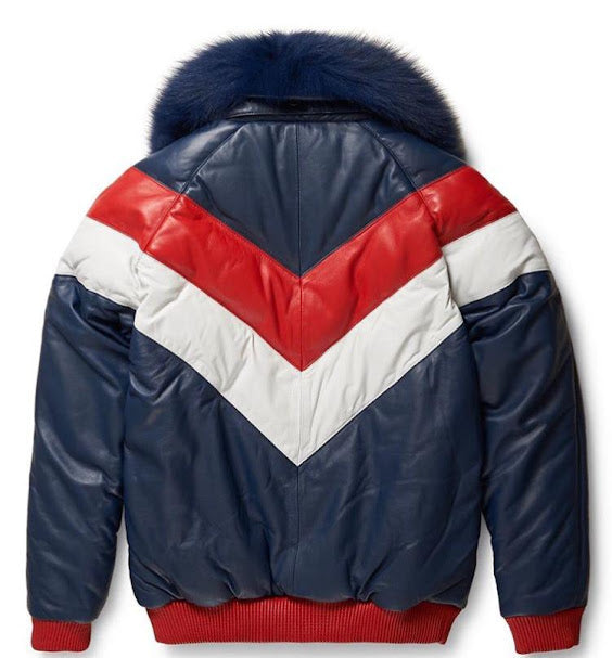 LJM0073 Men’s Premium V-Bomber Leather Jacket – Luxury Fur-Collar Winter Bomber with Rib Knit Detailing