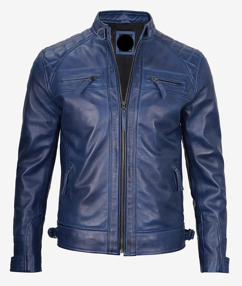 LJM0082 Men’s Blue Café Racer Leather Biker Jacket – 100% Real Leather, Edgy Diamond-Shoulder Design