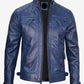 LJM0082 Men’s Blue Café Racer Leather Biker Jacket – 100% Real Leather, Edgy Diamond-Shoulder Design