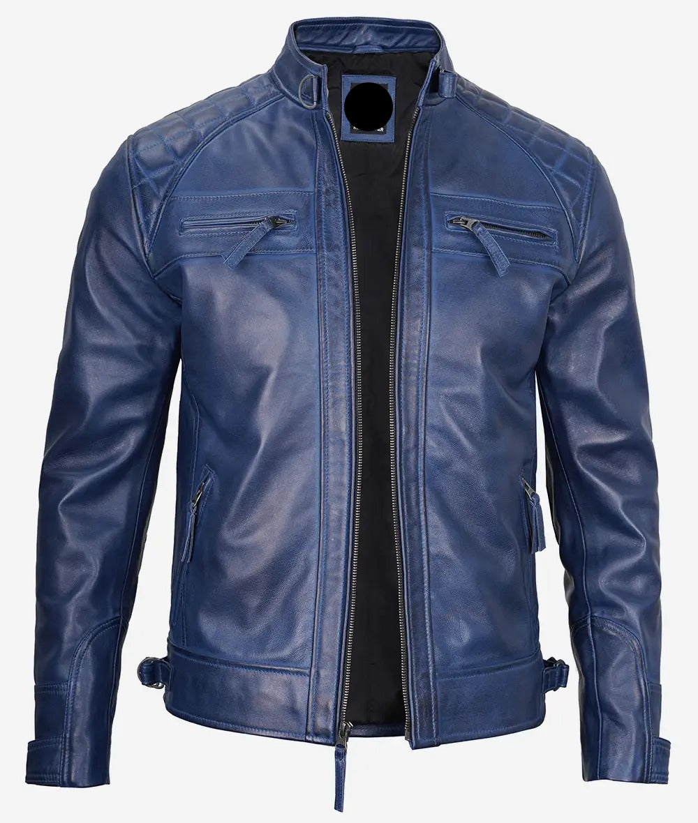 LJM0082 Men’s Blue Café Racer Leather Biker Jacket – 100% Real Leather, Edgy Diamond-Shoulder Design