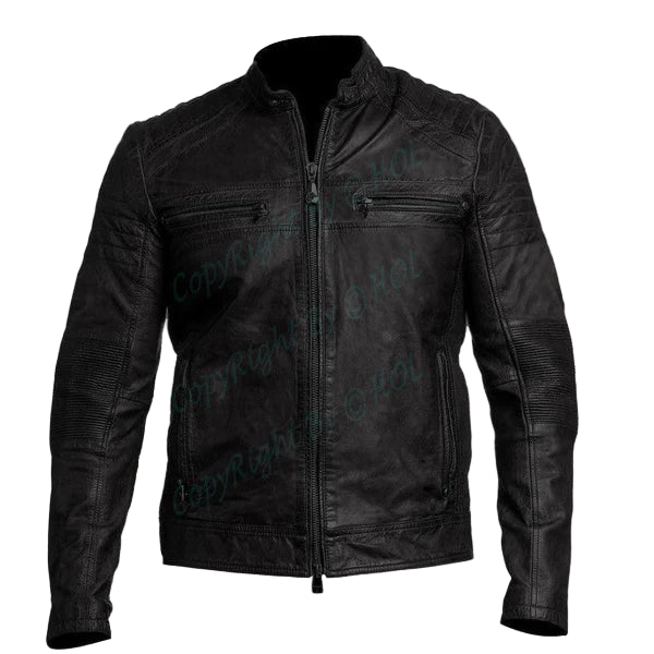 LJM009 Men’s Black Cafe Racer Genuine Leather Jacket – Classic Motorcycle Biker Slim Fit Outerwear