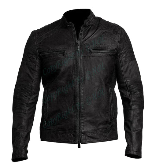 LJM009 Men’s Black Cafe Racer Genuine Leather Jacket – Classic Motorcycle Biker Slim Fit Outerwear