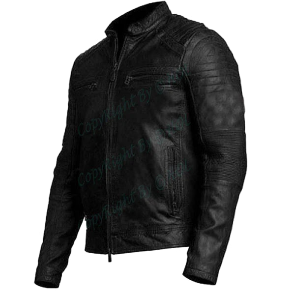 LJM009 Men’s Black Cafe Racer Genuine Leather Jacket – Classic Motorcycle Biker Slim Fit Outerwear