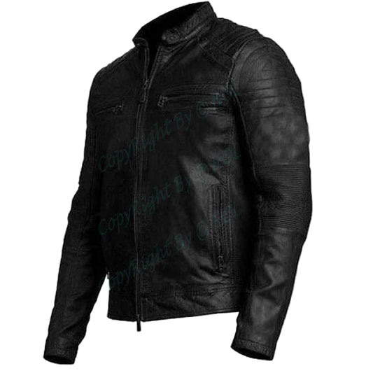 LJM009 Men’s Black Cafe Racer Genuine Leather Jacket – Classic Motorcycle Biker Slim Fit Outerwear