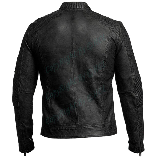 LJM009 Men’s Black Cafe Racer Genuine Leather Jacket – Classic Motorcycle Biker Slim Fit Outerwear