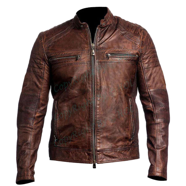 LJM010 Men’s Vintage Distressed Brown Real Leather Café Racer Biker Jacket – Classic Retro Motorcycle Style