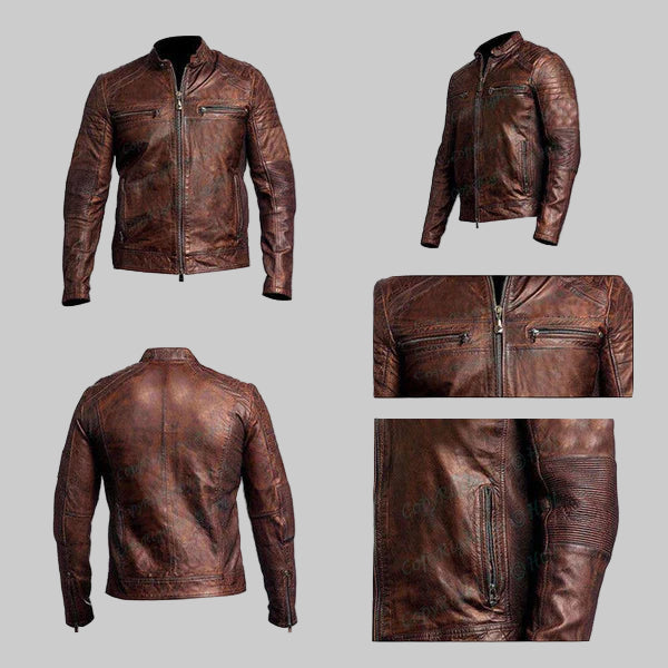 LJM010 Men’s Vintage Distressed Brown Real Leather Café Racer Biker Jacket – Classic Retro Motorcycle Style