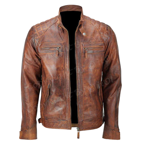 LJM013 Men’s Quilted Vintage Distressed Café Racer Motorcycle Real Leather Jacket – Classic Biker Style