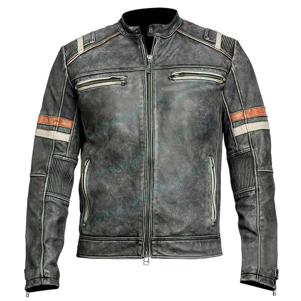 LJM016 Men’s Retro 2 Vintage Black Café Racer Distressed Motorcycle Real Leather Jacket