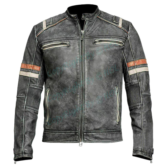 LJM016 Men’s Retro 2 Vintage Black Café Racer Distressed Motorcycle Real Leather Jacket